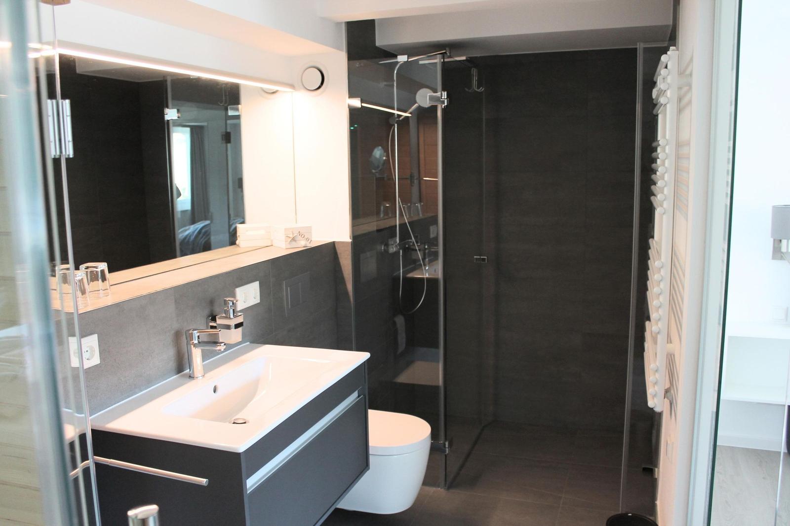 Badezimmer 1: Sauna, Regendusche, WC, Haartrockner
