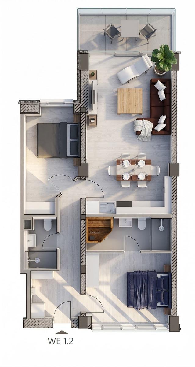 Ein Wohnraum mit Essbereich, Schlafzimmer und Sauna. Terrasse mit Sitzgelegenheit.