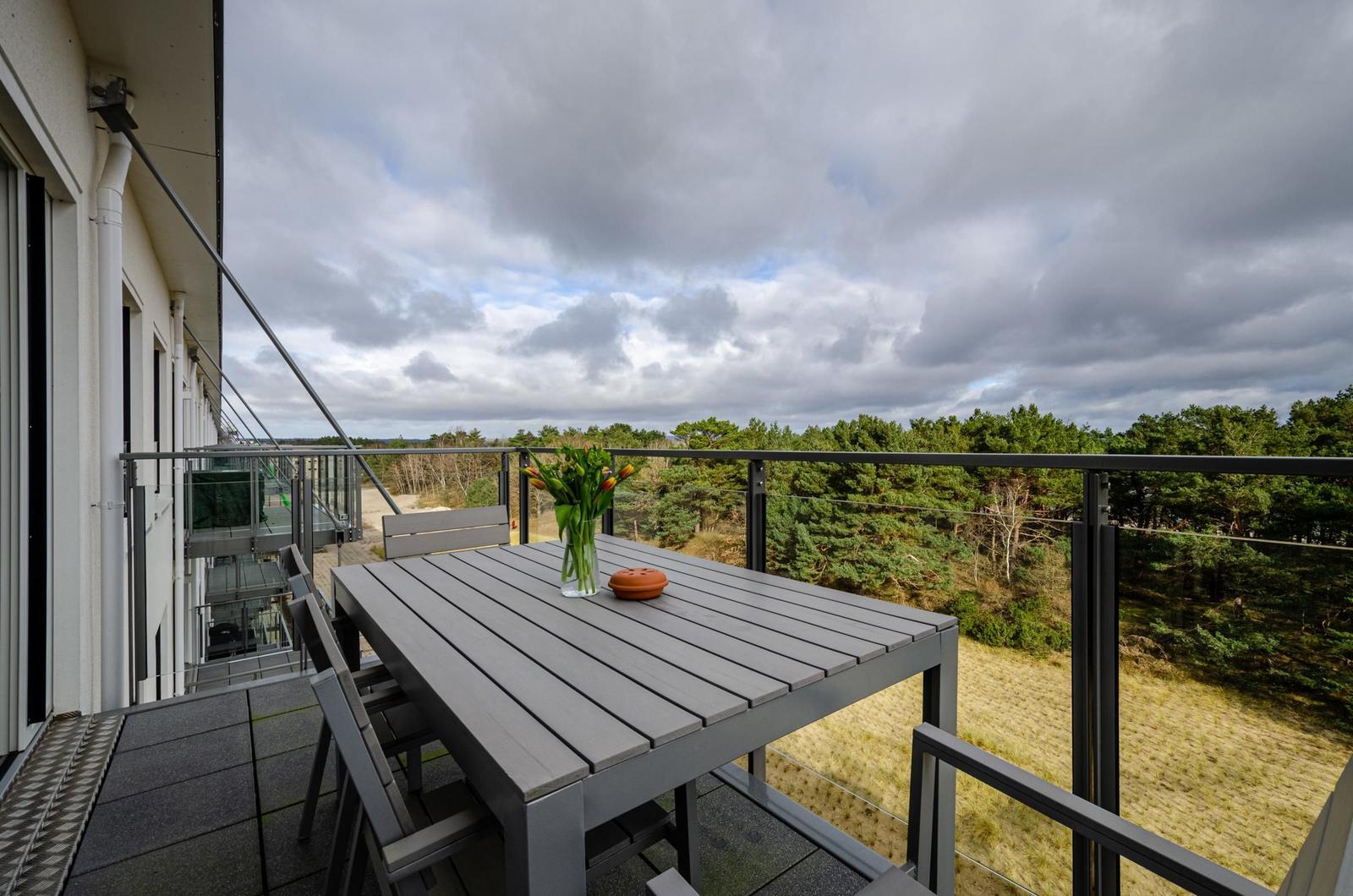 Terrasse mit Tisch und Stühlen, Blick auf Wald und bewölkten Himmel.