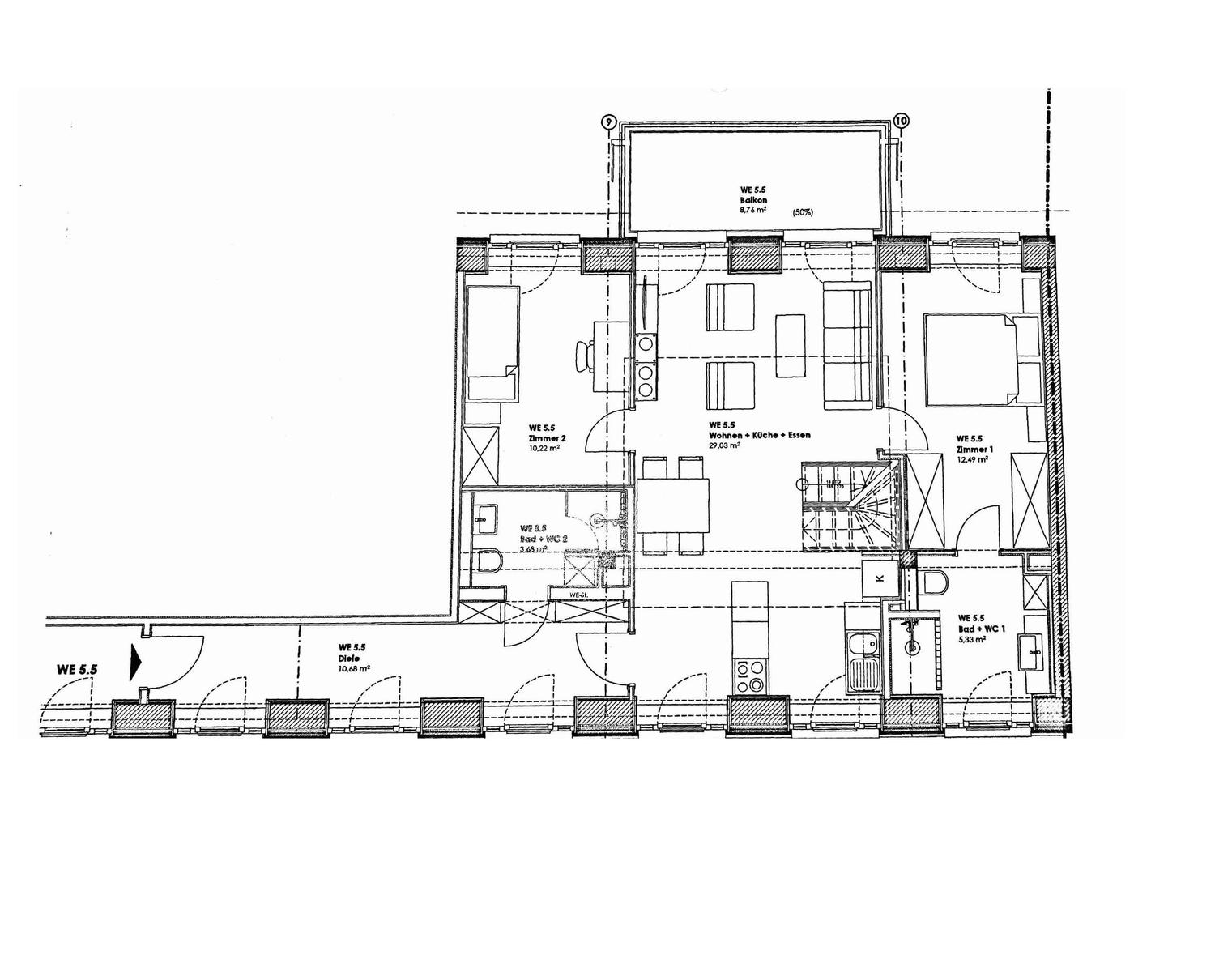 Wohnung mit zwei Schlafzimmern, Küche, Bad und Balkon. Flächenangaben eingezeichnet.