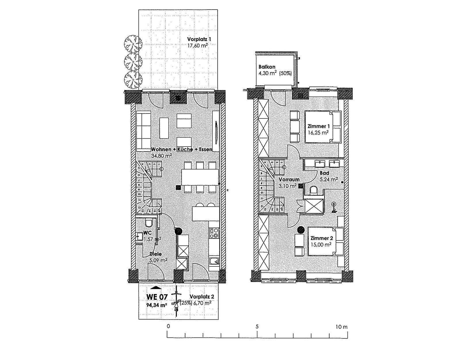 Zwei Stockwerke mit Wohnbereich, Schlafzimmern und Bad. Balkon und Vorplätze.