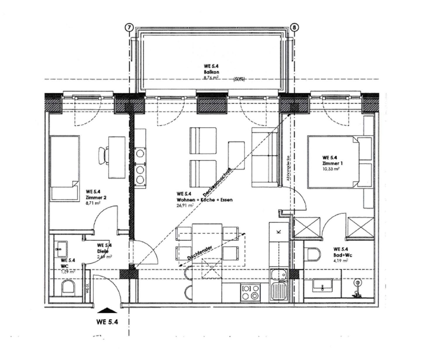 Apartment with two bedrooms, kitchen, bathroom, and balcony. Areas marked.