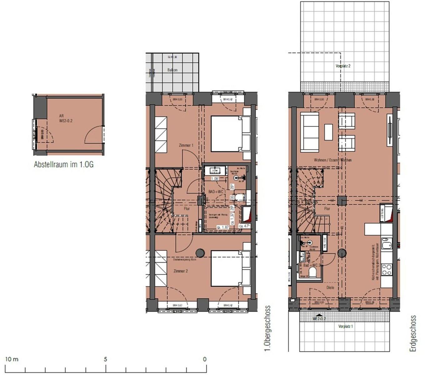 Pläne zeigen Wohn- und Schlafzimmer, Bad und Küche mit Balkon und Vorplatz.