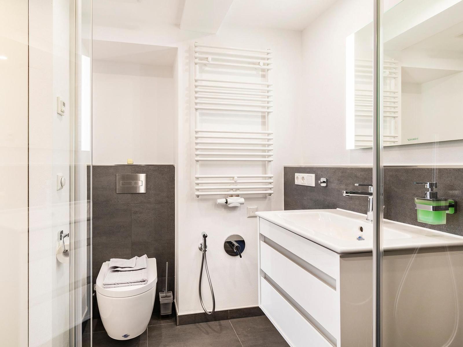 Badezimmer 1: Regendusche, WC, Badewanne und Föhn