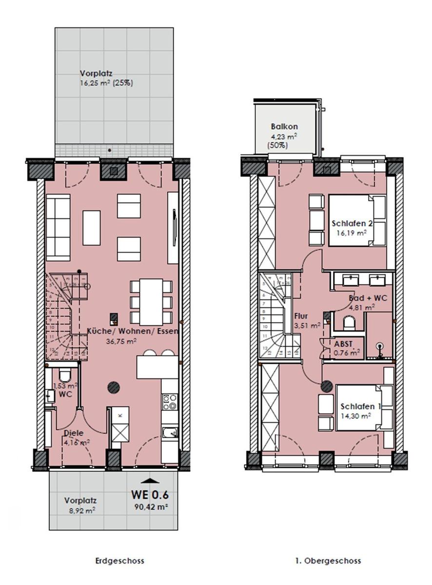 Ground floor with kitchen, living, and dining area. Upper floor with two bedrooms and balcony.