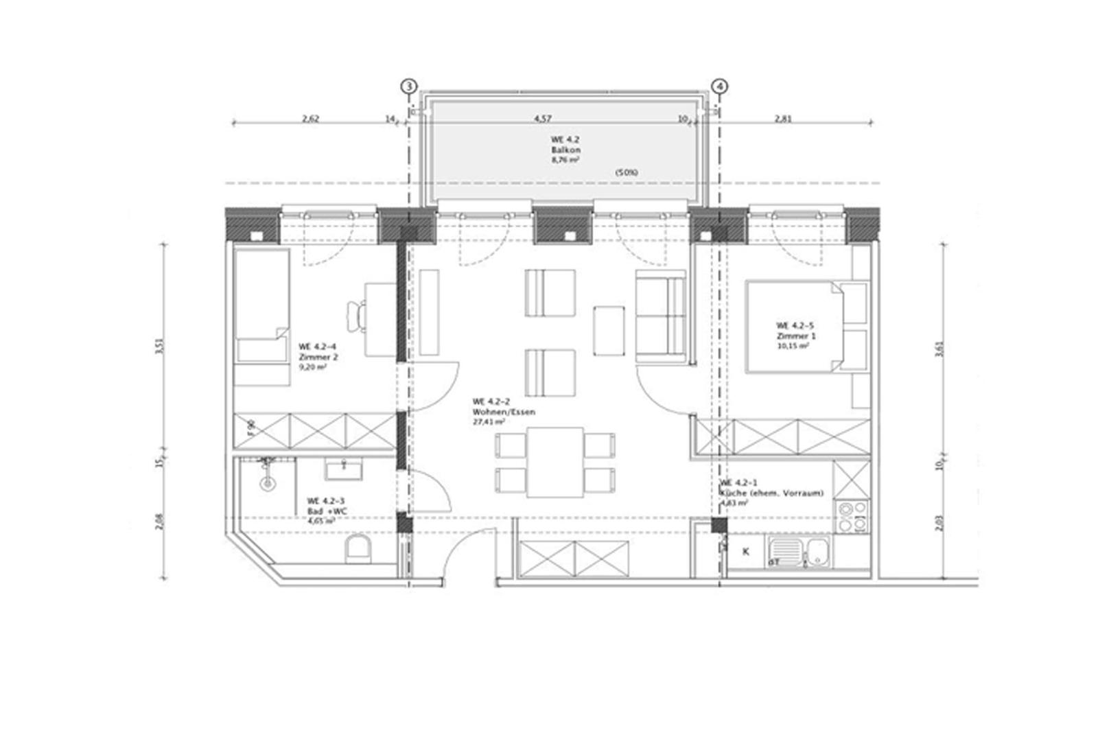 Wohnung mit Küche, Wohnen/Essen, zwei Schlafzimmern, Bad und Balkon.
