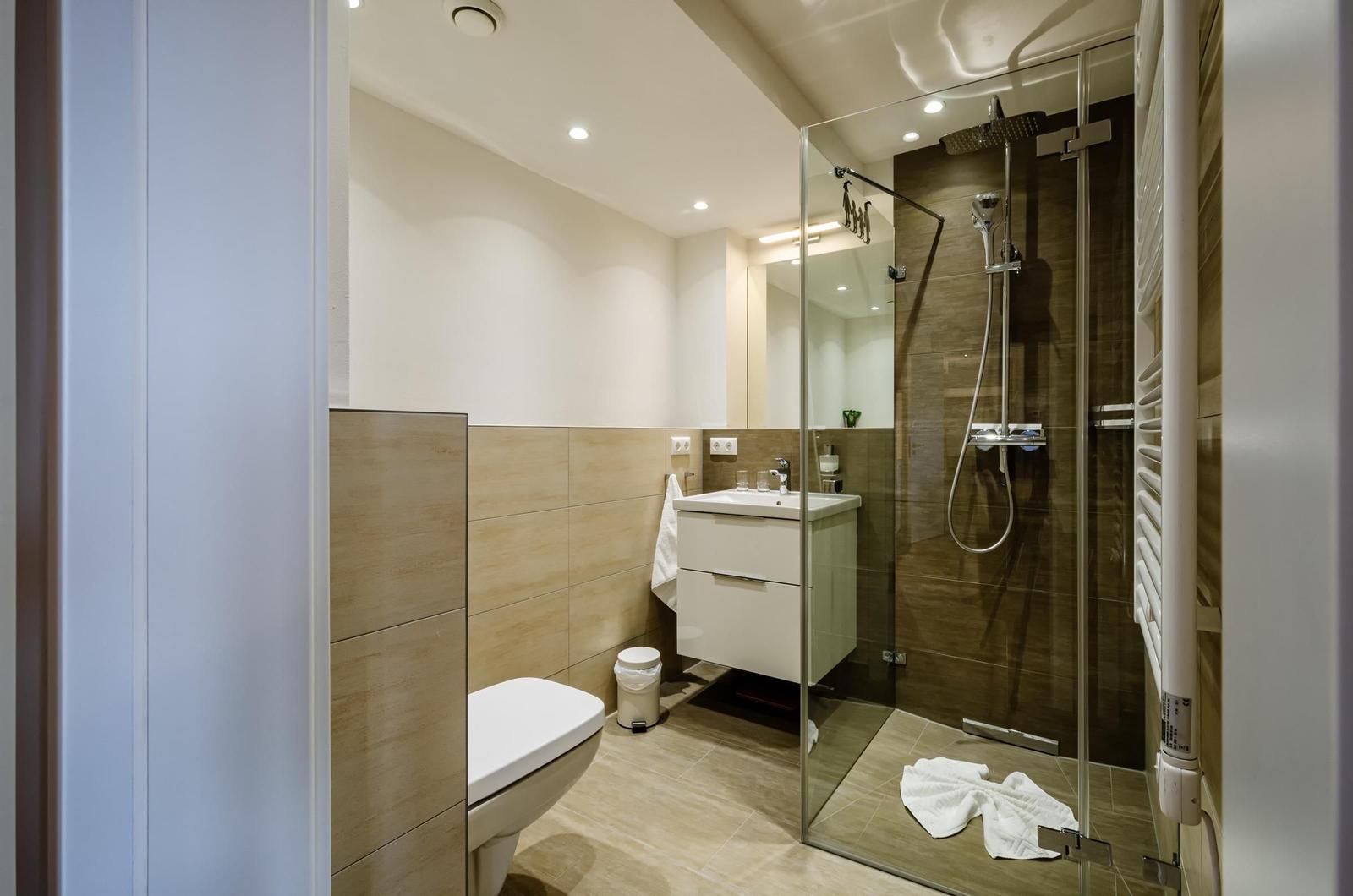 Badezimmer: Dusche, WC, Haartrockner