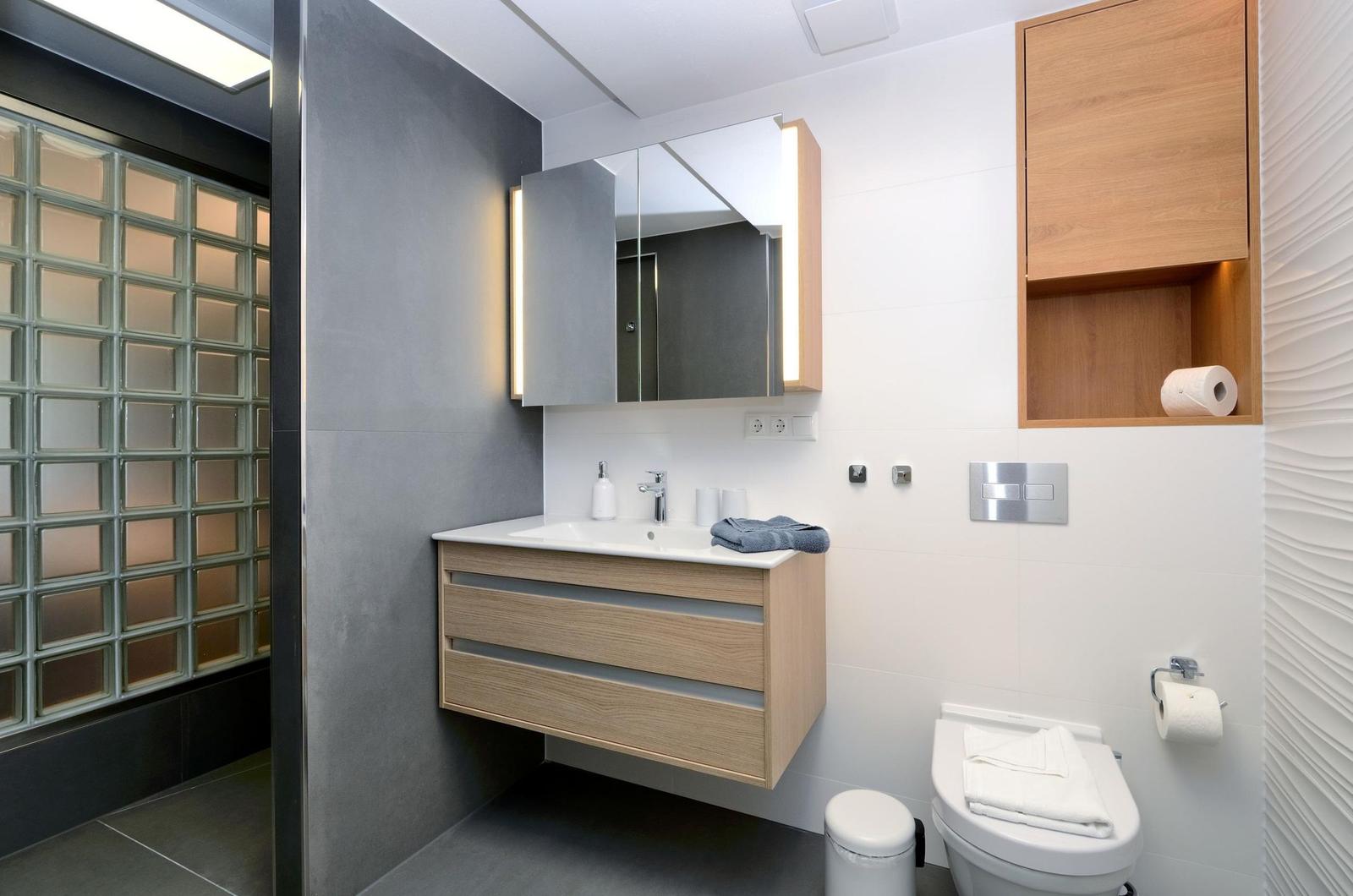 Badezimmer: Regendusche, WC, Haartrockner, beleuchtete Badespiegel