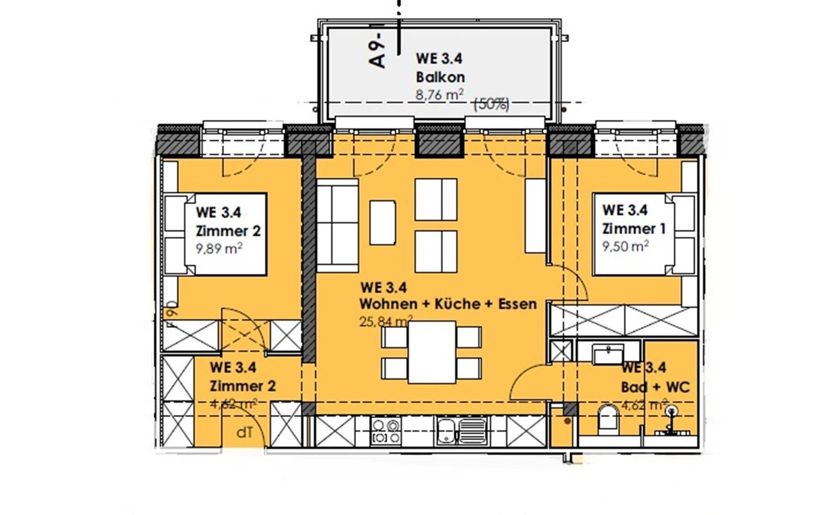 Wohnung mit zwei Schlafzimmern, Küche, Bad und Balkon. Flächenangaben sind eingezeichnet.