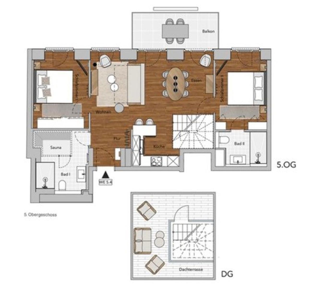 5. OG mit Wohn- und Essbereich, Küche, Sauna, zwei Schlafzimmern und zwei Bädern. DG mit Dachterrasse.