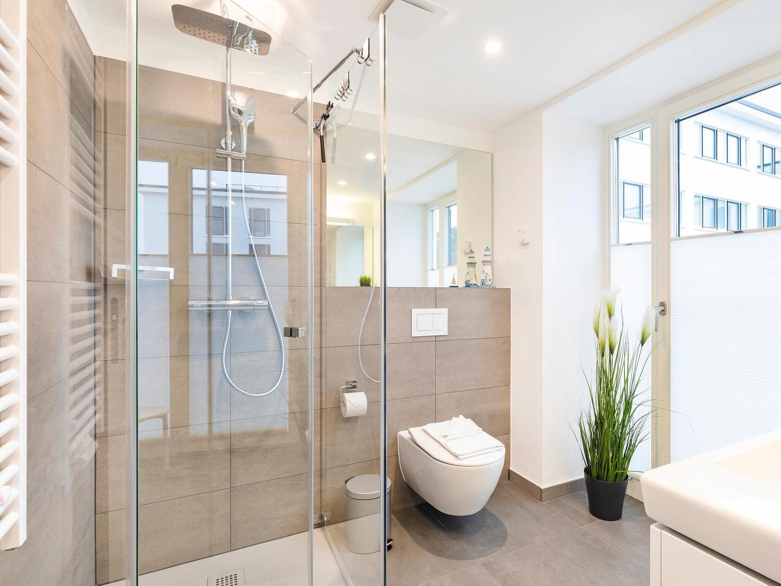 Badezimmer: Regendusche, WC, Haartrockner