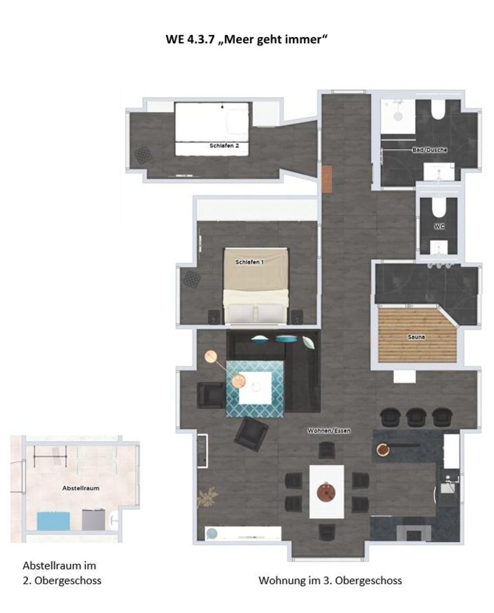 Wohnung mit zwei Schlafzimmern, Sauna und Bad/Dusche im 3. Obergeschoss.