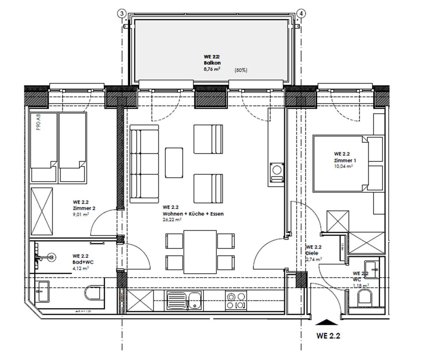 Wohnung mit zwei Schlafzimmern, Küche, Bad und Balkon. Flächenangaben eingezeichnet.