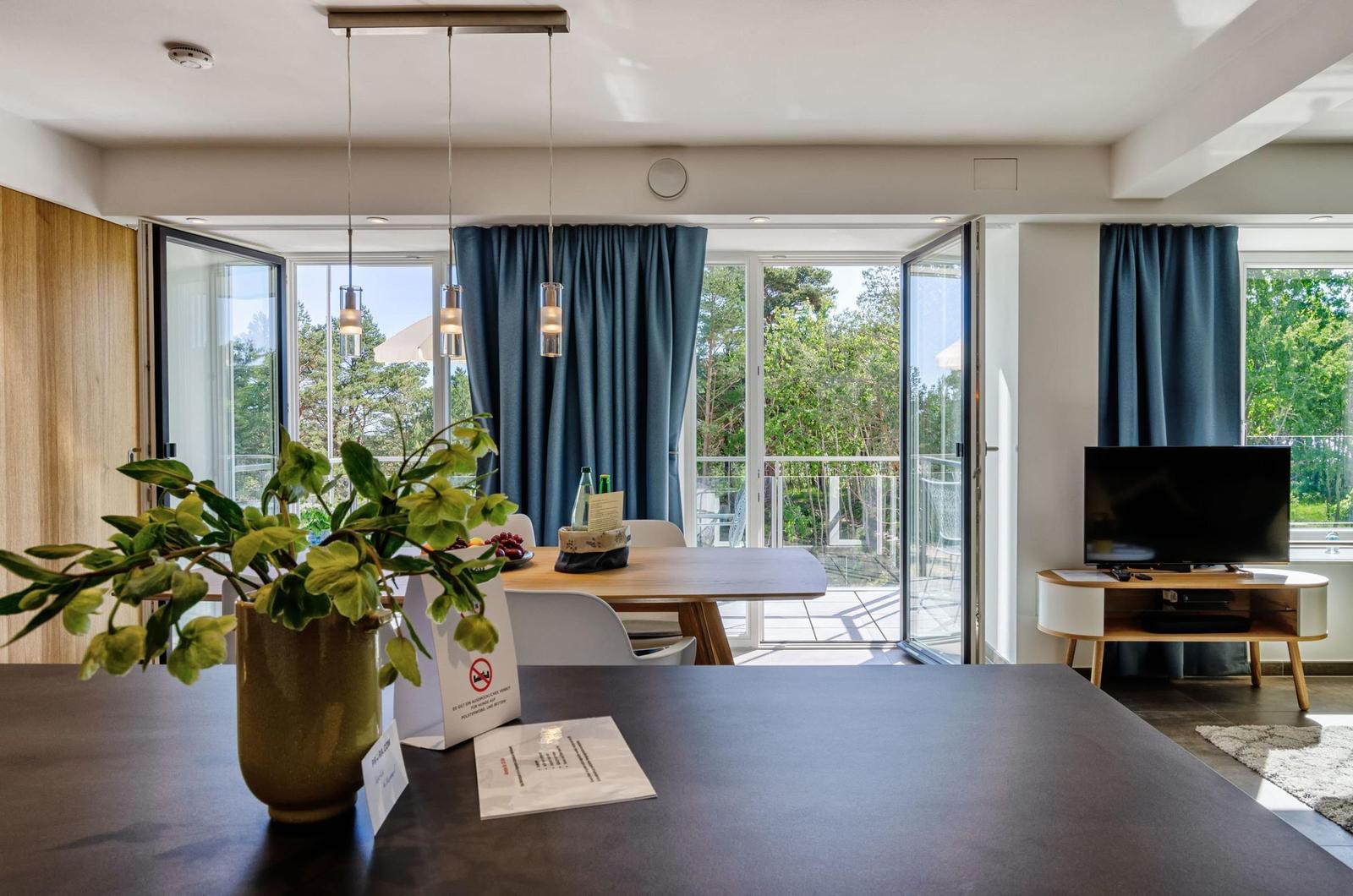Wohn/Essbereich: Schlafsofa, Sitzbereich, Essbereich, TV, Zugang zum Balkon
