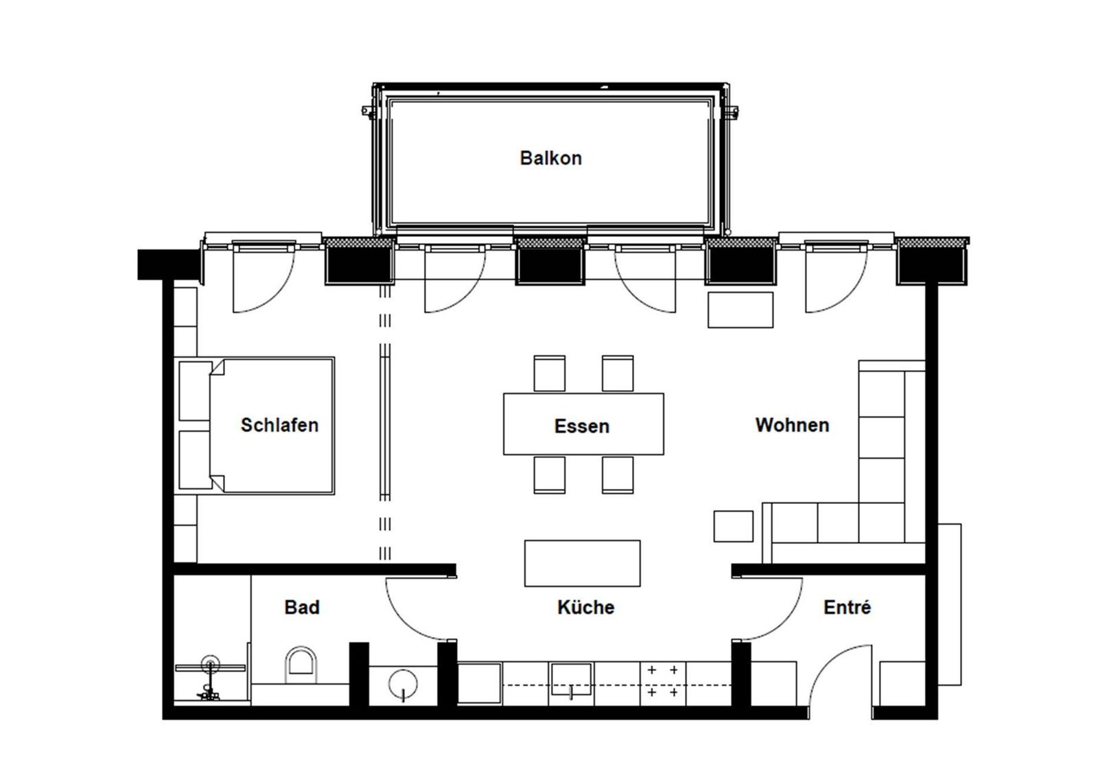 Die Wohnung hat Schlafzimmer, Bad, Küche, Wohn- und Essbereich sowie einen Balkon.