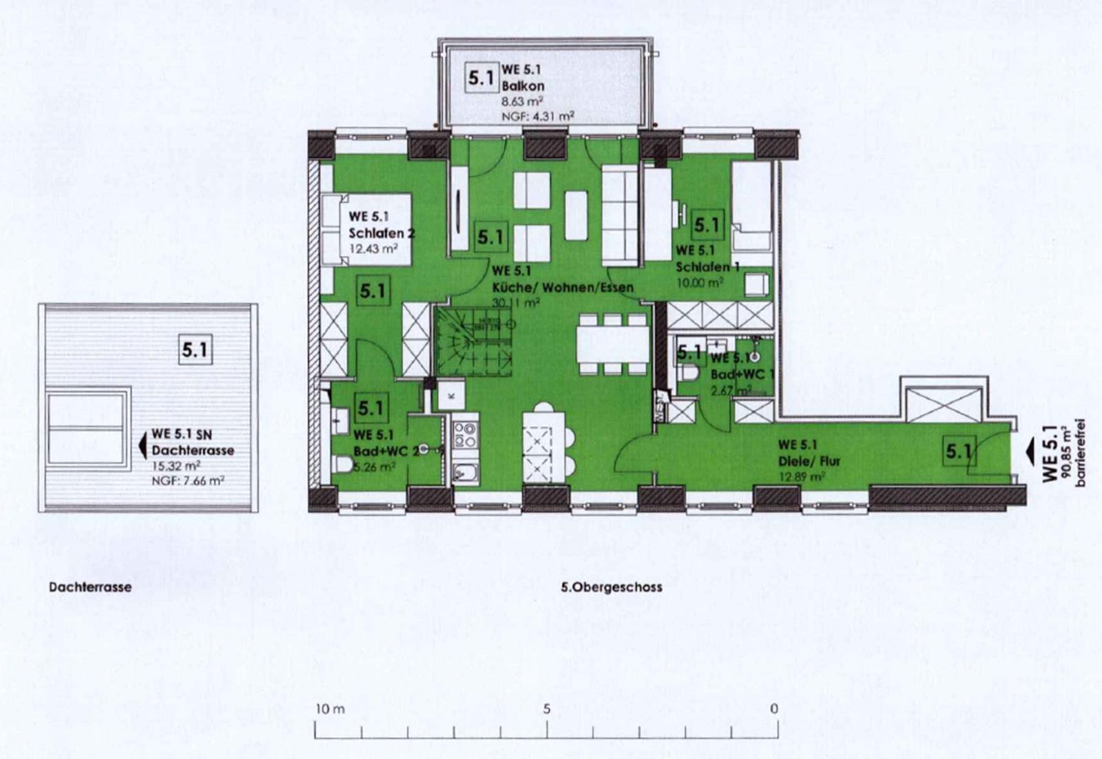 Apartment with kitchen, two bedrooms, bathroom, and balcony. Rooftop terrace available.