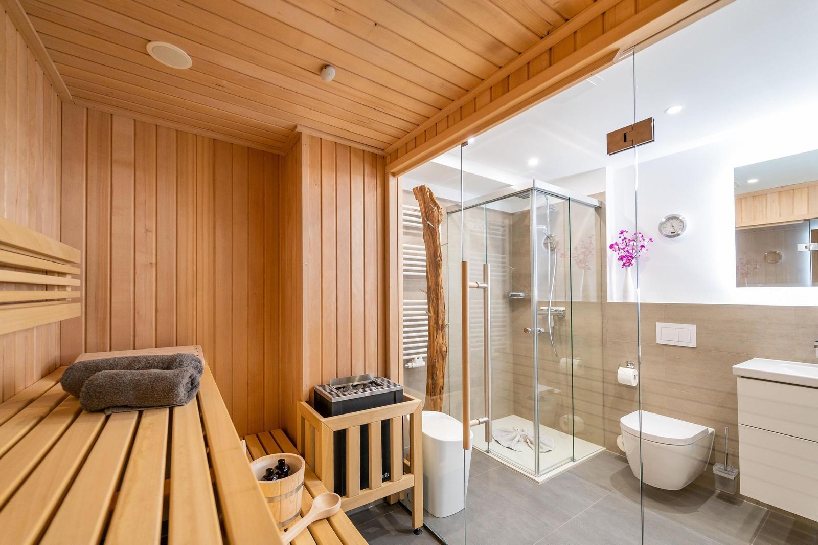 Sauna mit Holzbank und Dampfgerät. Nebenraum mit Dusche, Toilette und Waschbecken.