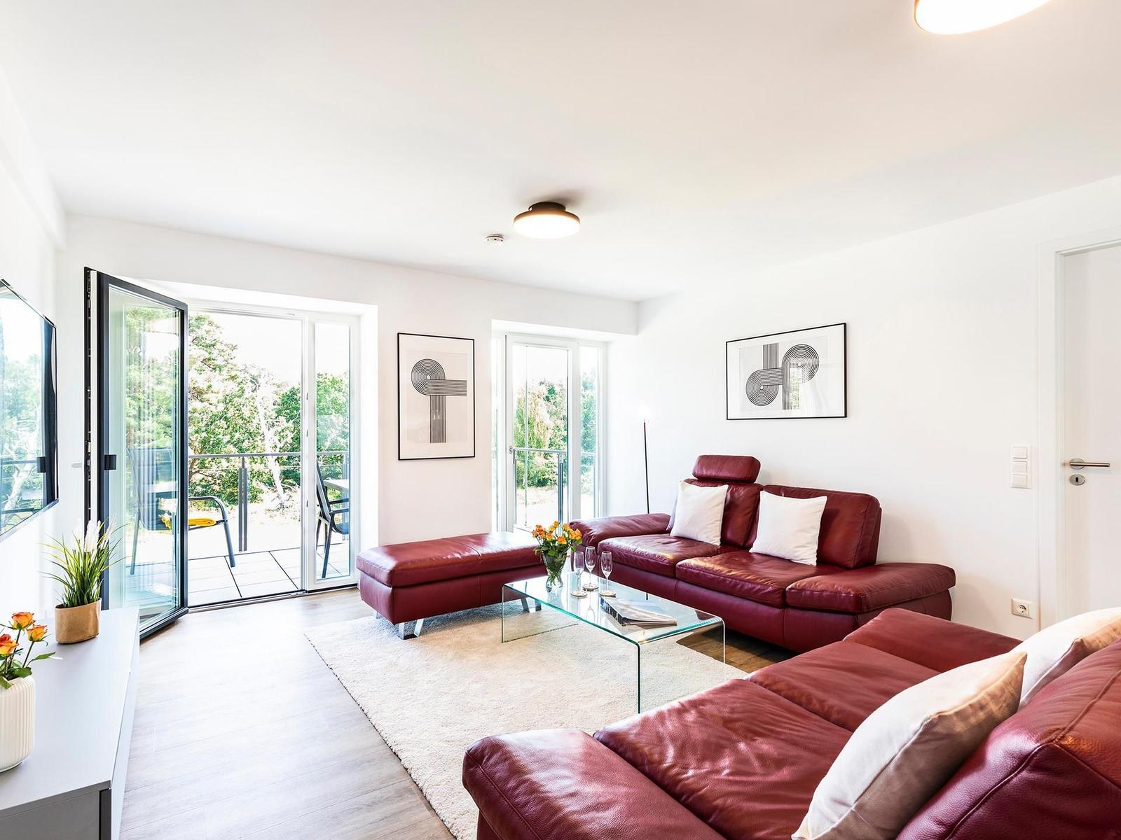 Wohnzimmer: 2 Sofa, TV, Zugang zum Balkon