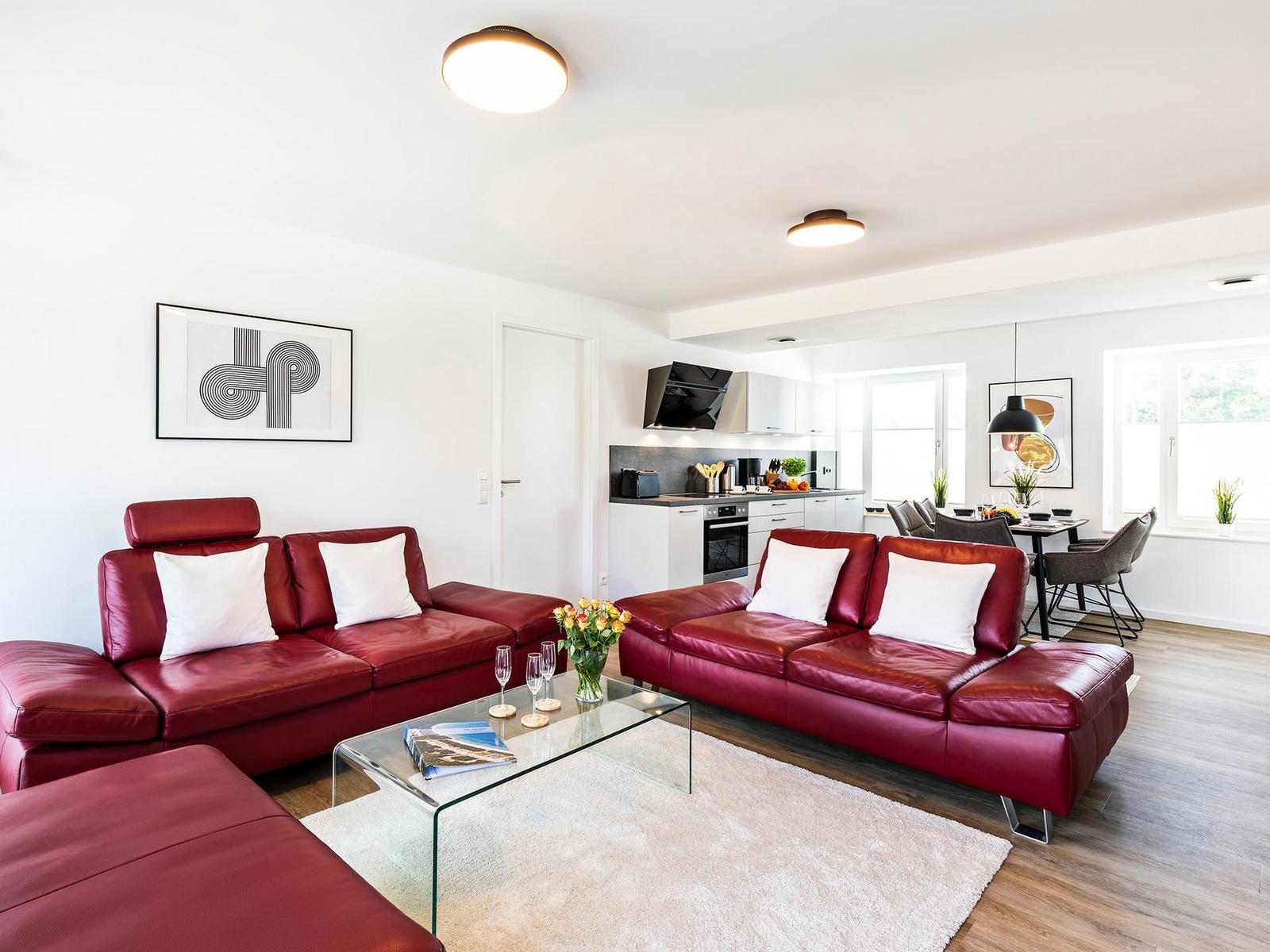 Wohnzimmer: 2 Sofa, TV, Zugang zum Balkon