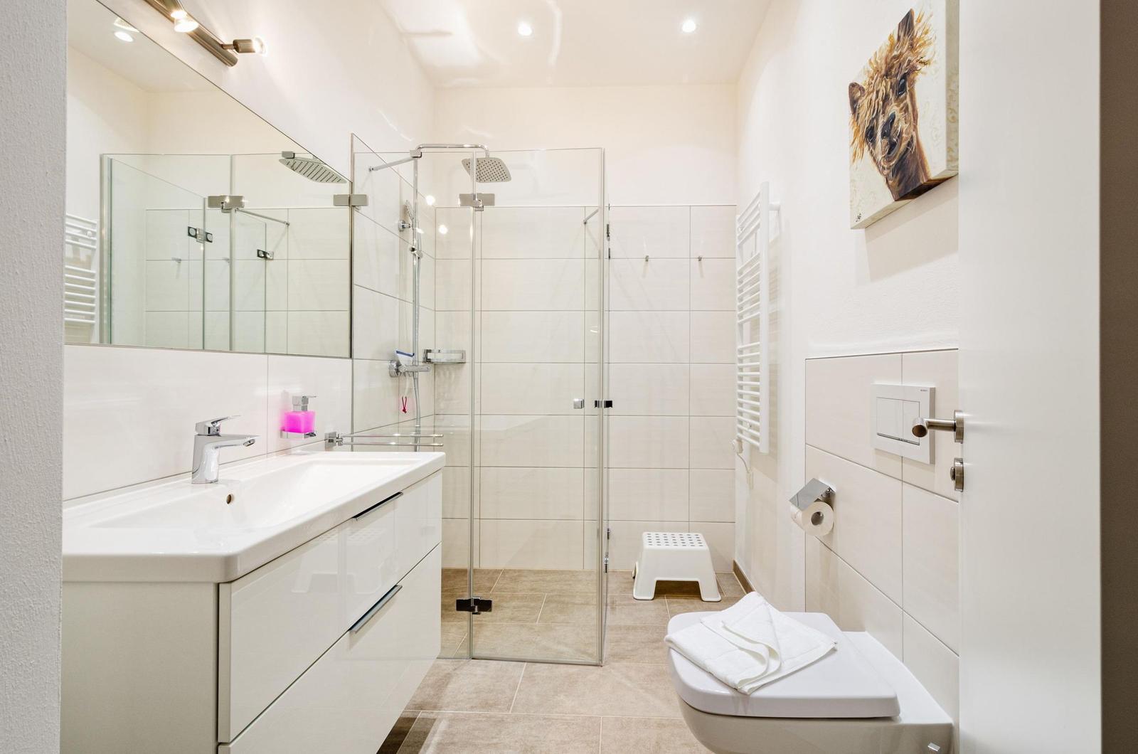 Badezimmer: Regendusche, Haartrockner, WC