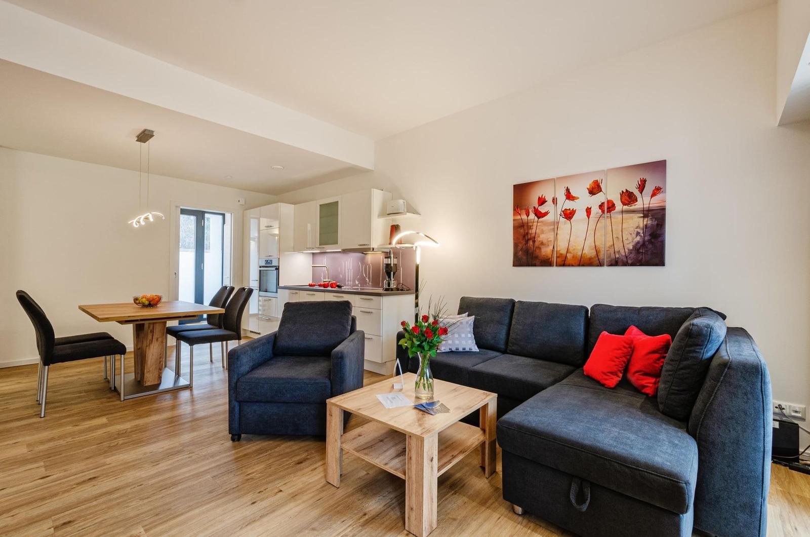 Wohnzimmer: Schlafsofa, TV (Netflix mit eigenen Zugangsdaten möglich),Zugang zur Terrasse
