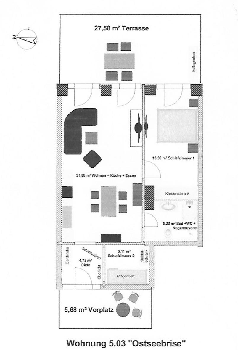 Wohnung mit Terrasse, zwei Schlafzimmern, Küche und Bad.