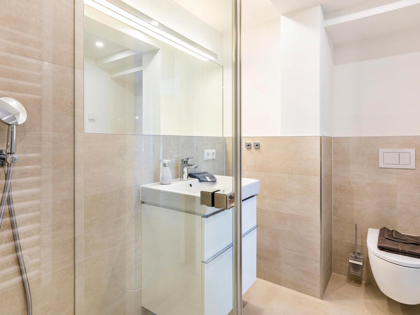 Badezimmer: Regendusche, WC, Haartrockner