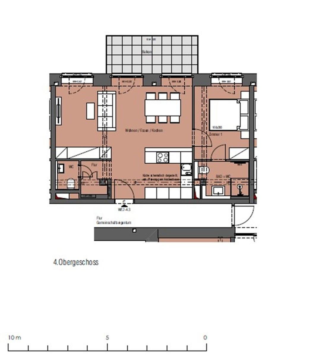 4. Obergeschoss mit Wohn- Ess- und Küche, Schlafzimmer, Bad und WC.