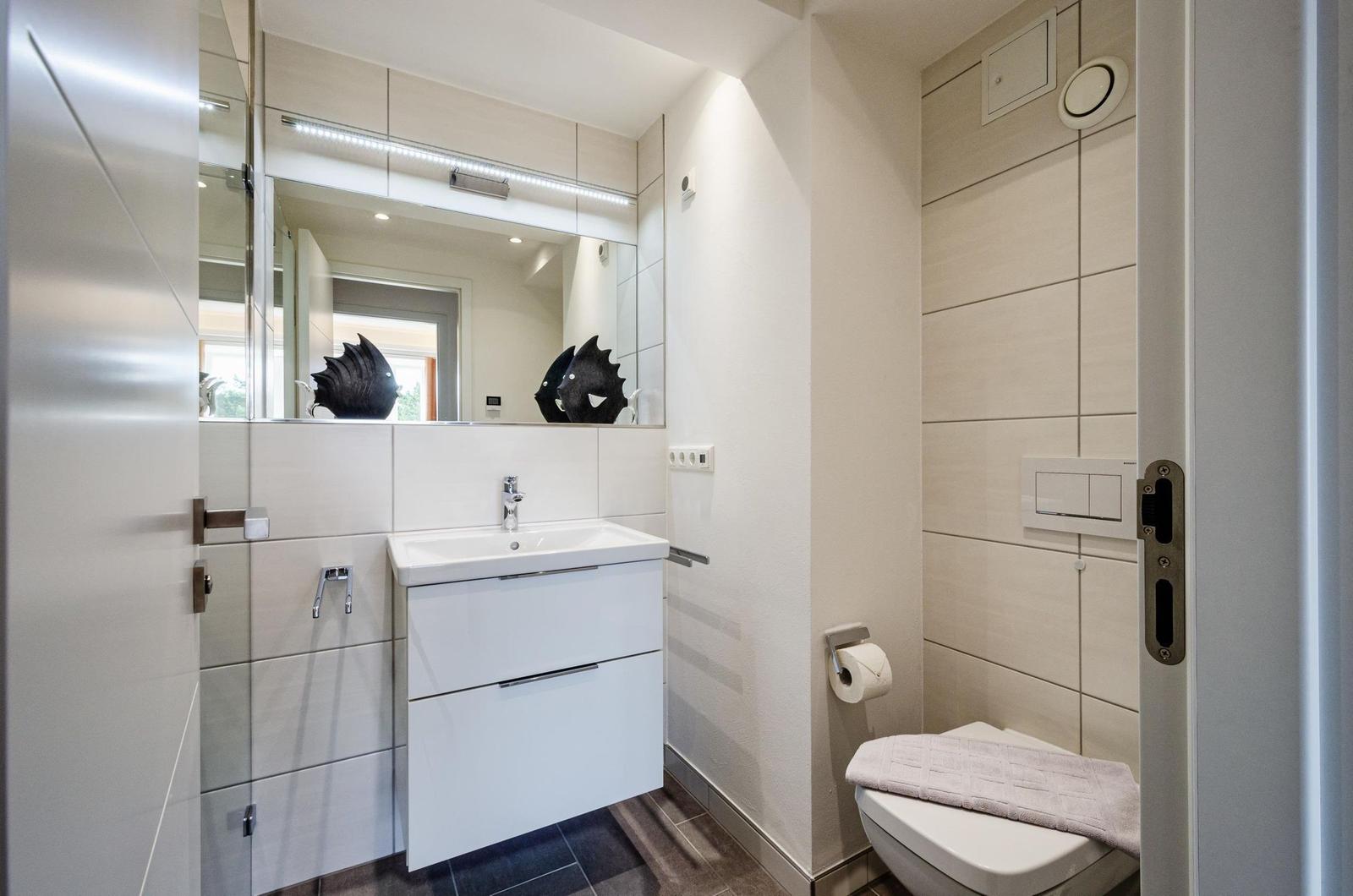 Badezimmer: Regendusche, WC, Haartrockner