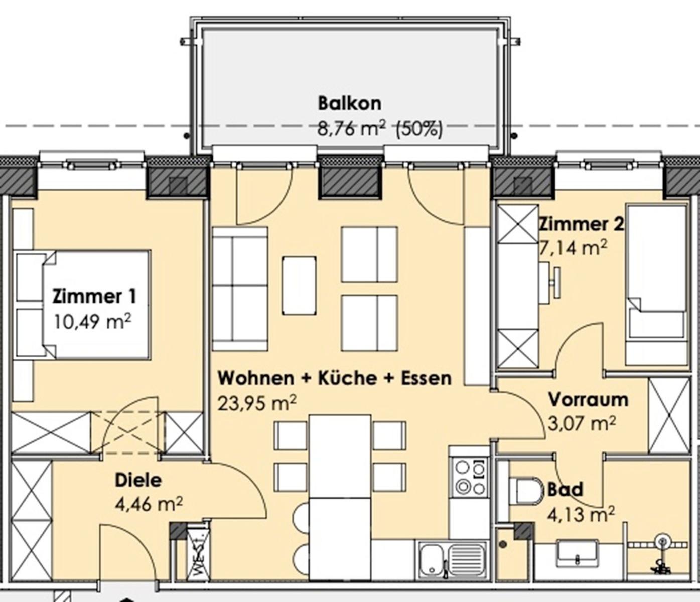 Wohnung mit zwei Schlafzimmern, Küche, Bad und Balkon. Flächenangaben sind eingezeichnet.