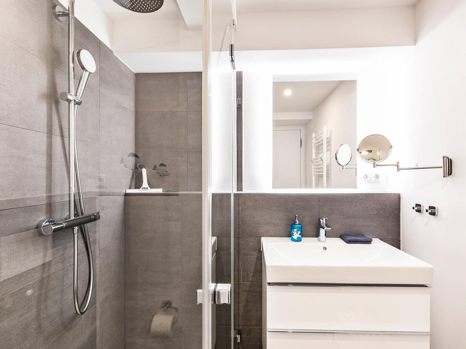 Badezimmer : Regendusche, WC, Föhn