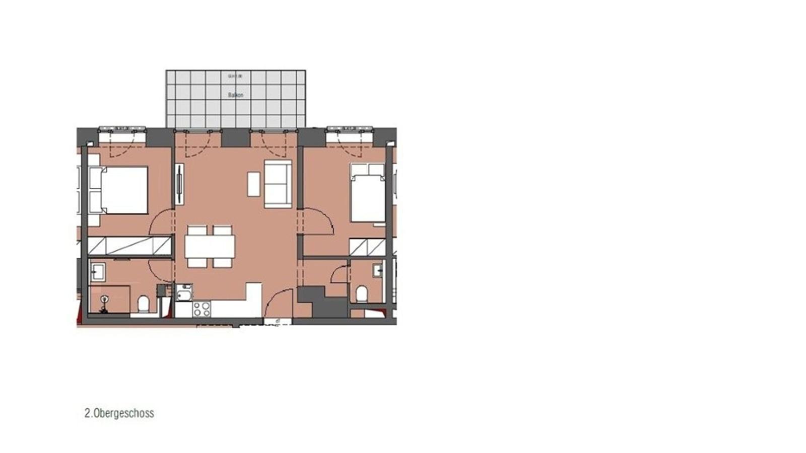 2. Obergeschoss mit Wohnbereich, Küche, zwei Schlafzimmern und Balkon.