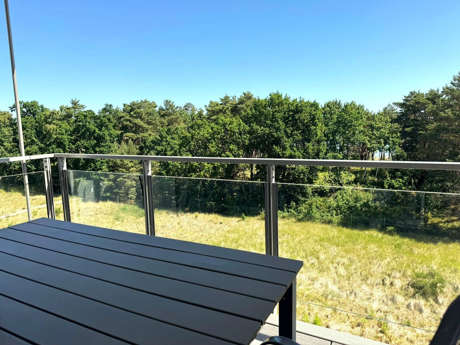 Terrasse mit Tisch und Blick auf Wald und Grasland.