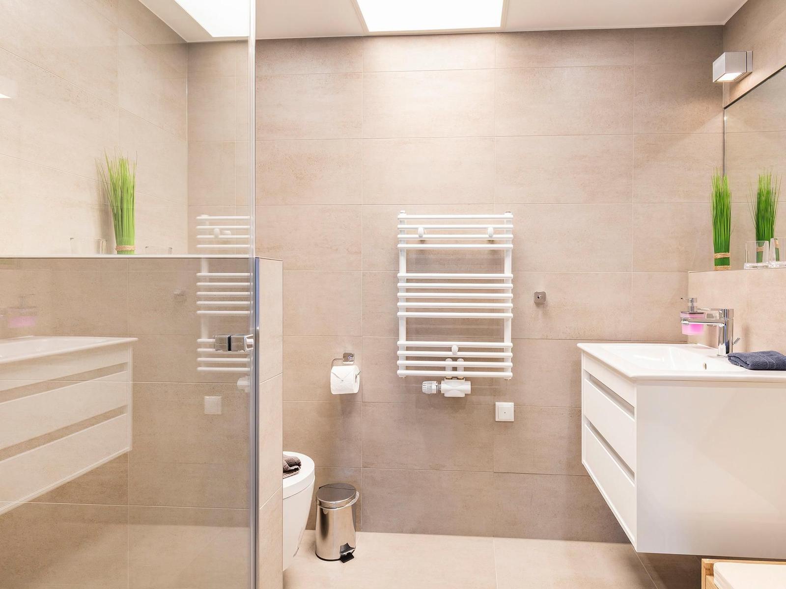 Kleines Bad 2: Regendusche, WC, Haartrockner, Sitzbank