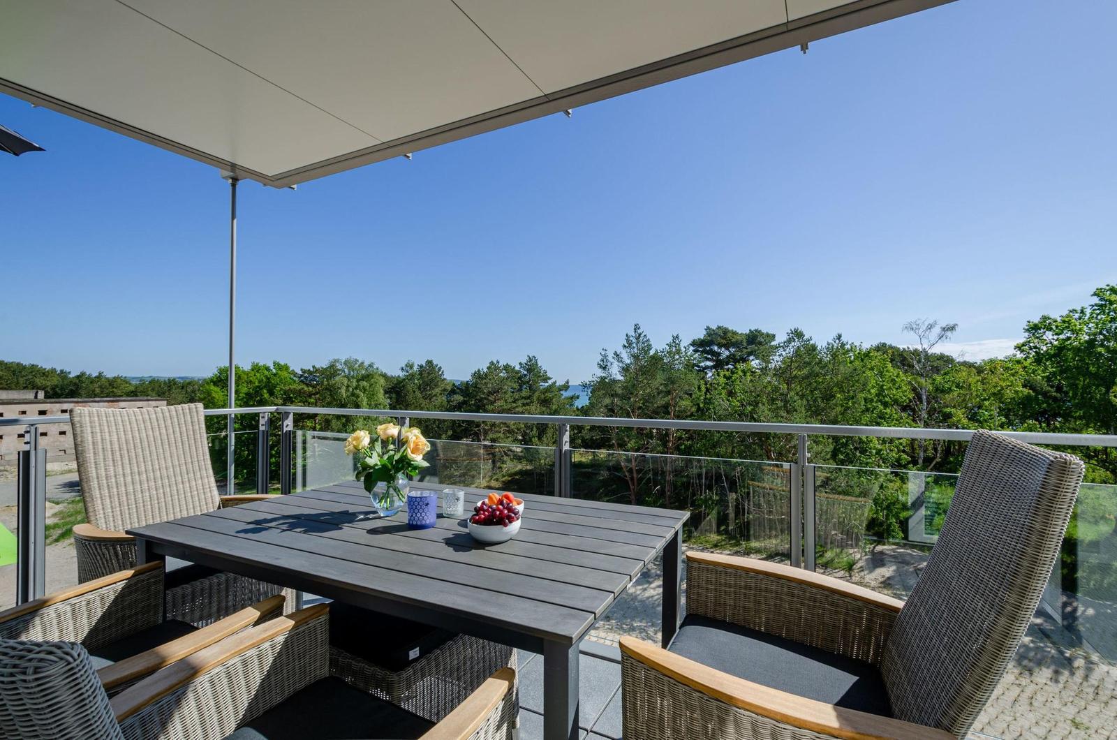 Terrace with table, chairs, and view of forest and lake.