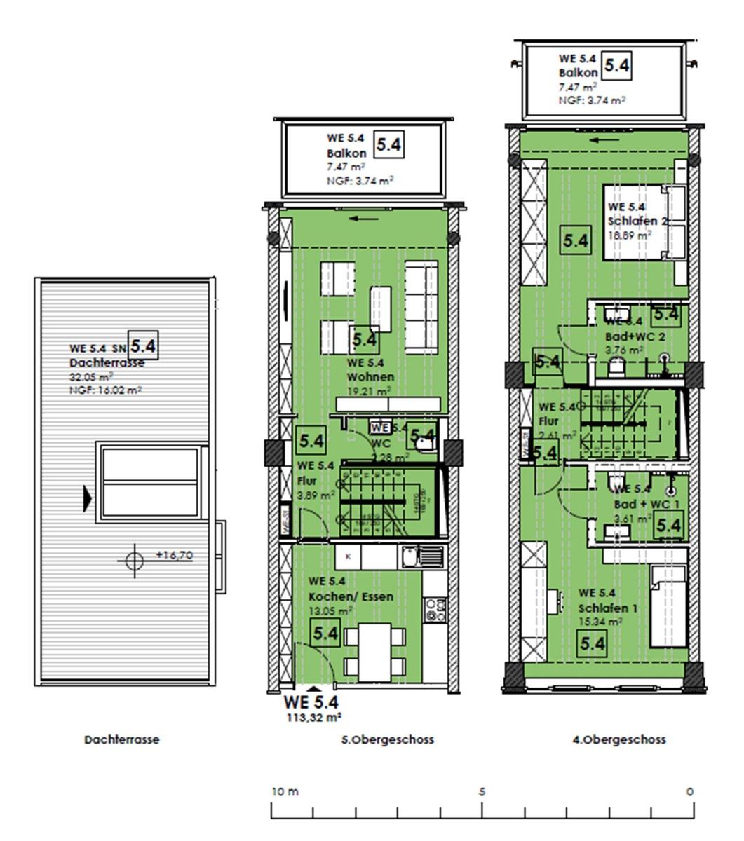 Wohnung mit Balkon, Küche, Schlafzimmern und Badezimmer auf mehreren Etagen.