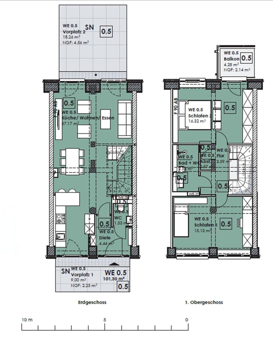 Erdgeschoss und 1. Obergeschoss mit Wohnbereich, Schlafzimmer und Bad.