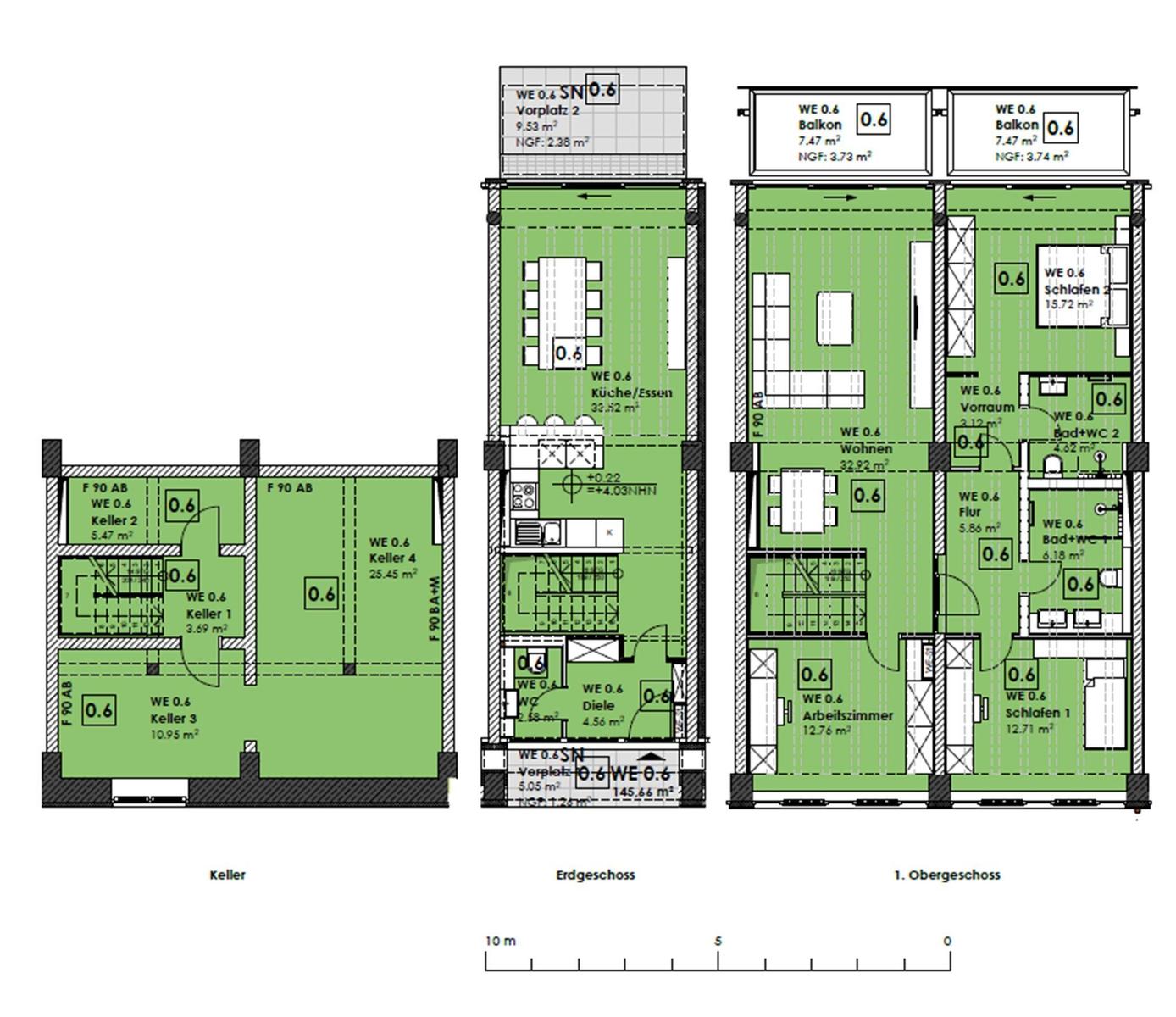 Architekturzeichnung zeigt Keller, Erdgeschoss und Obergeschoss mit Räumen und Flächenangaben.