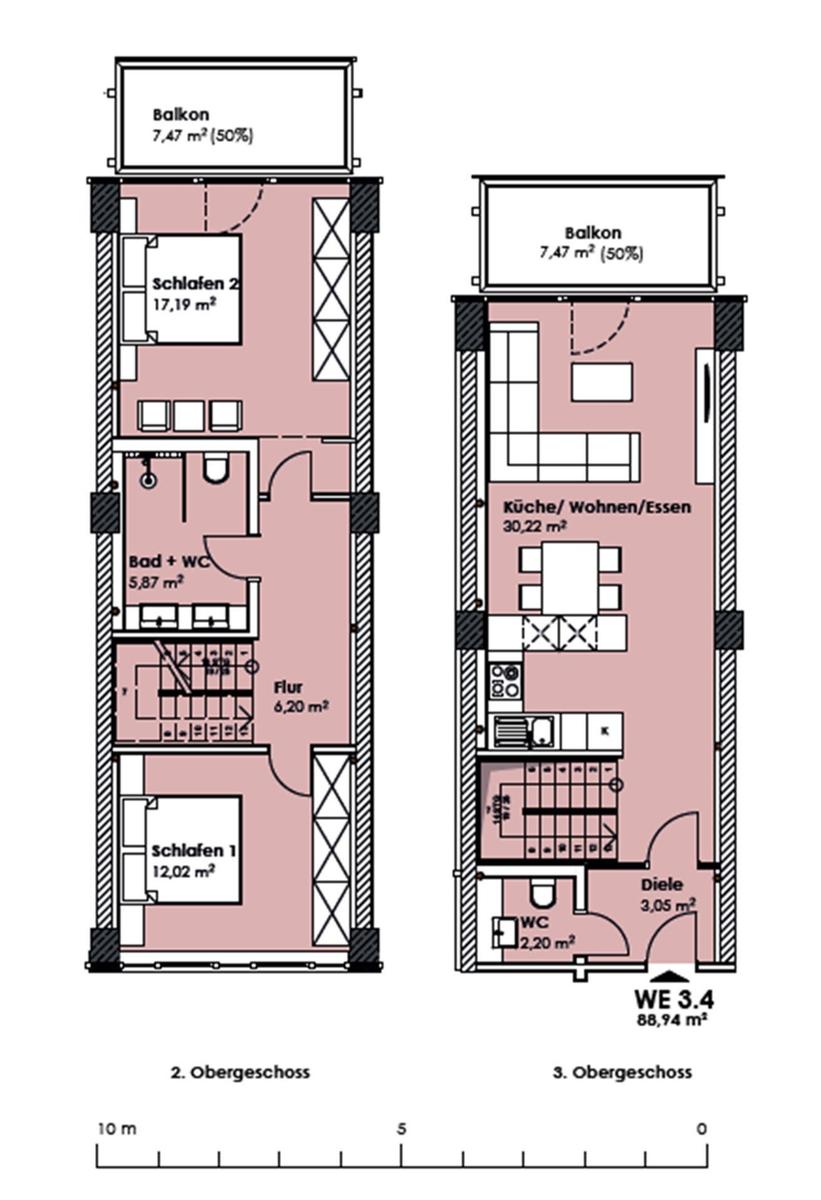 Zweite Etage: Schlafzimmer, Bad, Flur. Dritte Etage: Küche, Wohnen, Balkon.