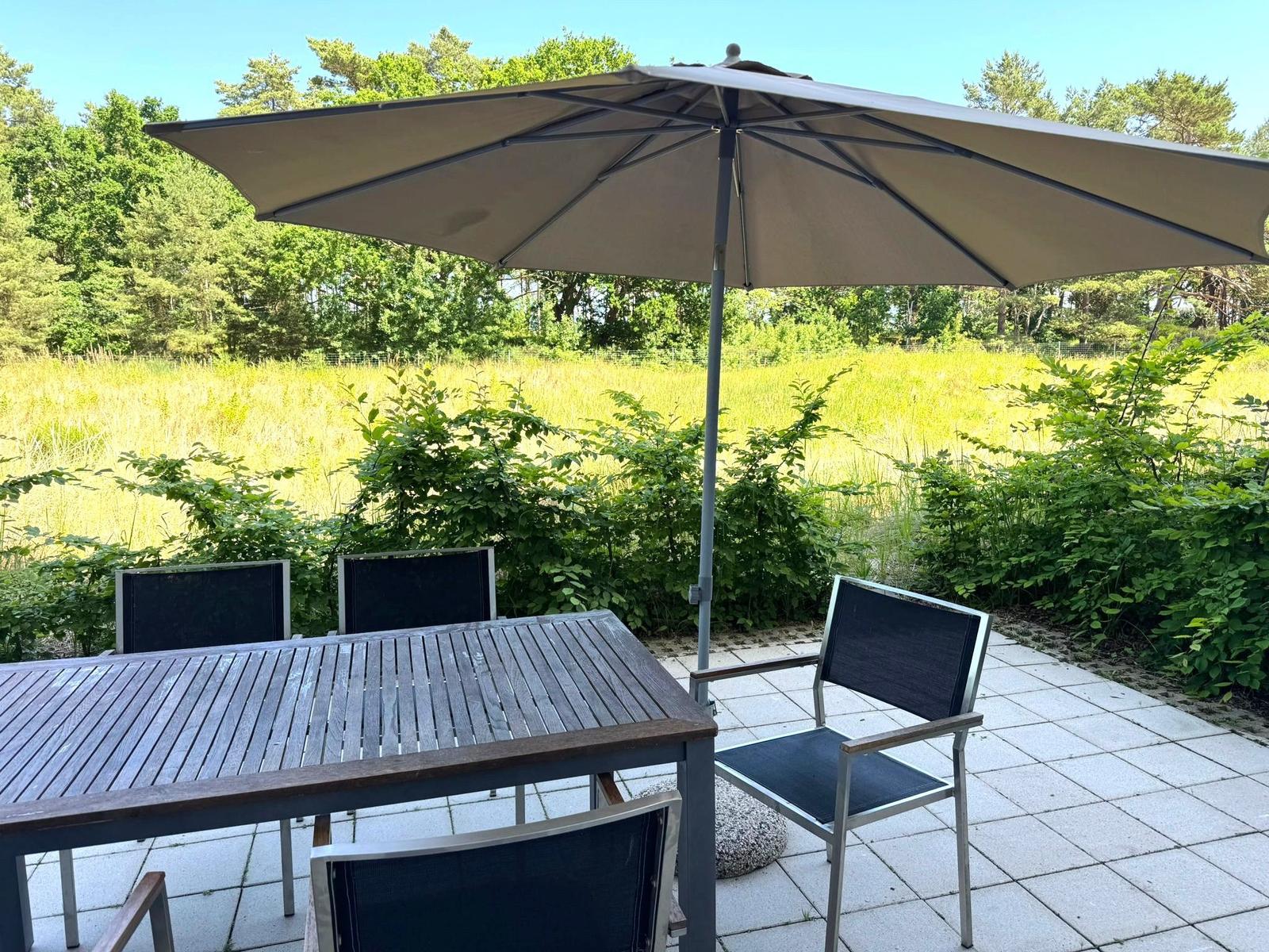 Terrace with table, chairs, and umbrella. Background: meadow and trees.