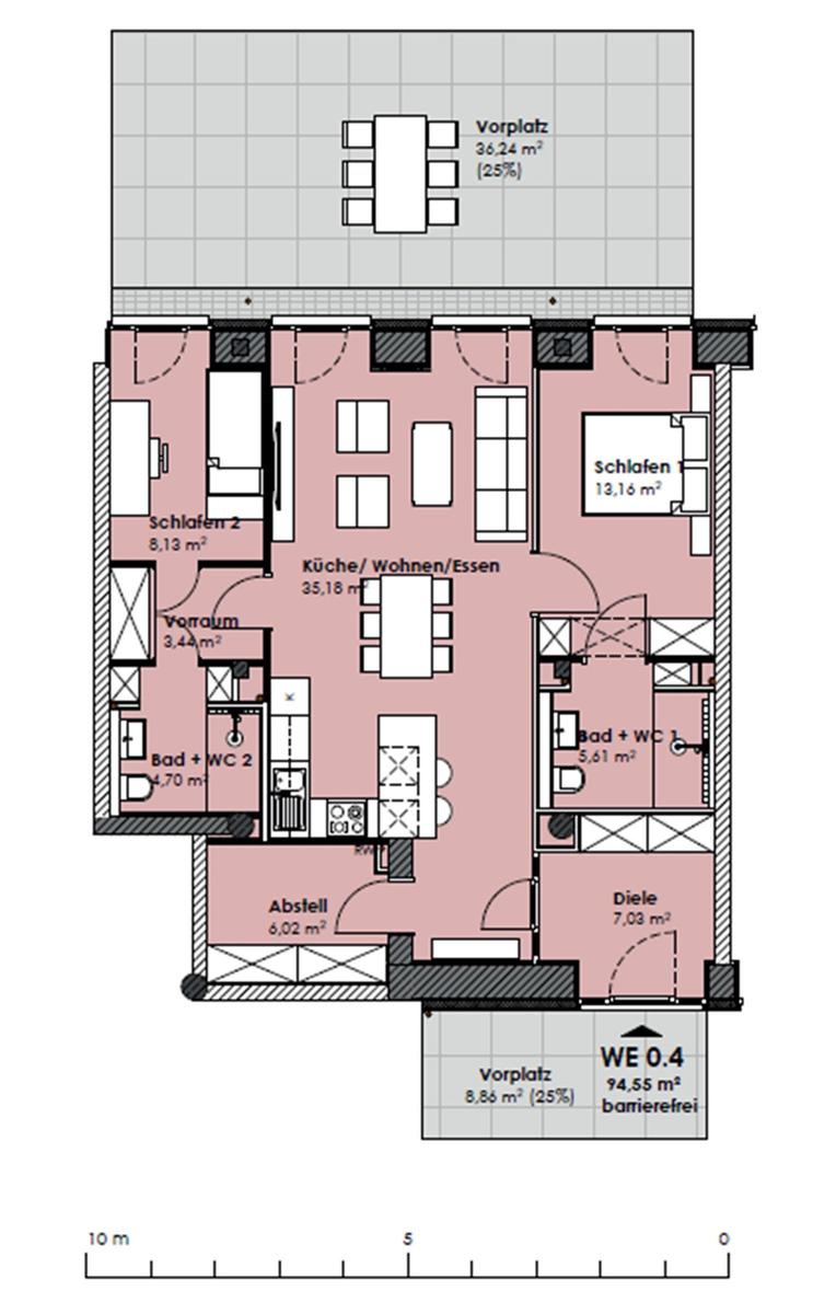 Apartment with kitchen, two bedrooms, bathroom, and hallway. Accessible and with forecourt.