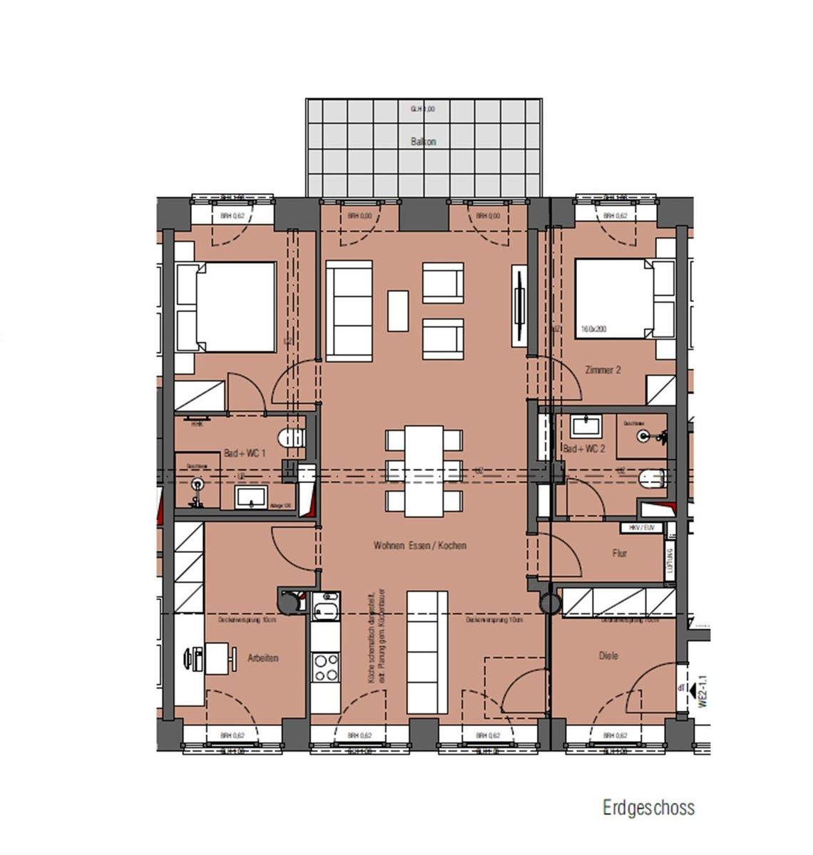 Ground floor plan with living area, kitchen, two bedrooms, and bathrooms.