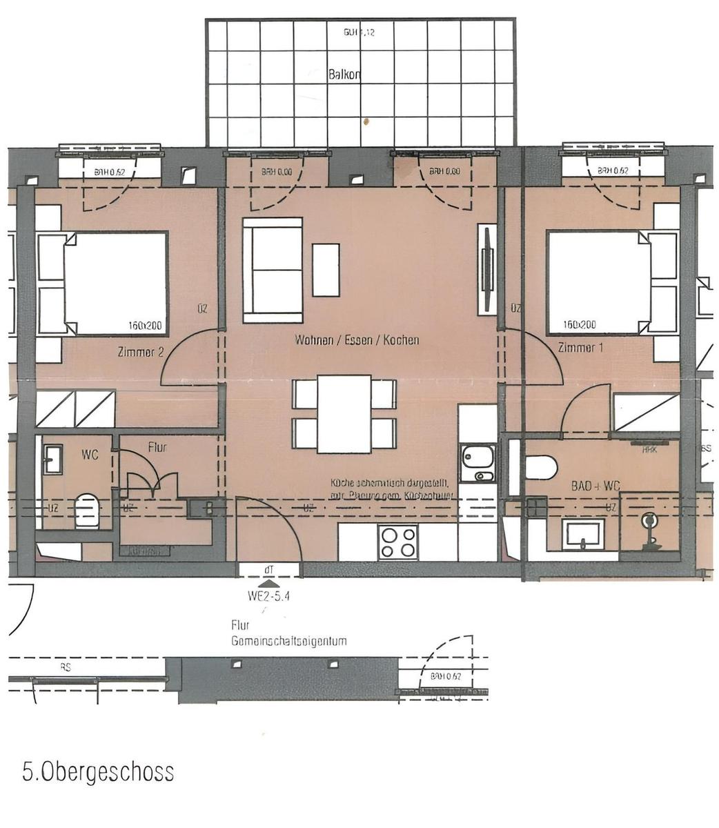 5th floor with living, cooking, two bedrooms, and bathroom. Balcony available.