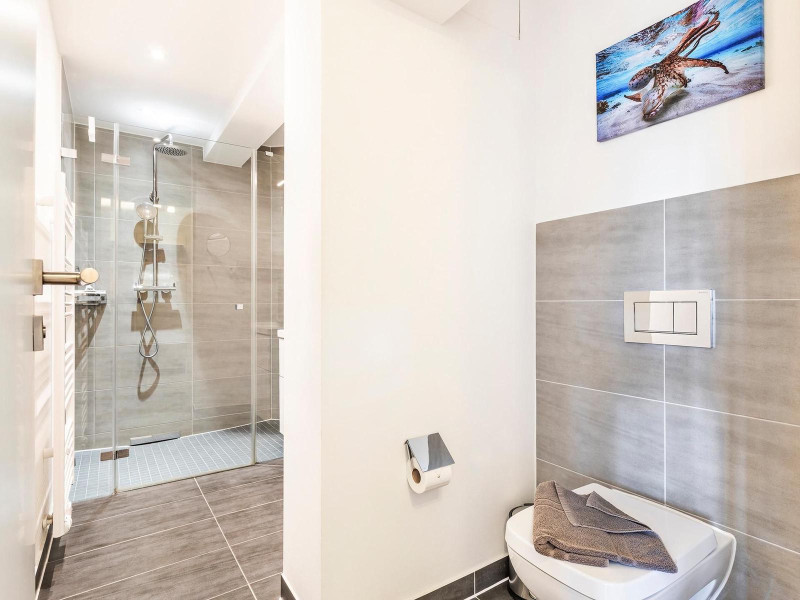Badezimmer: Regendusche, WC, Haartrockner