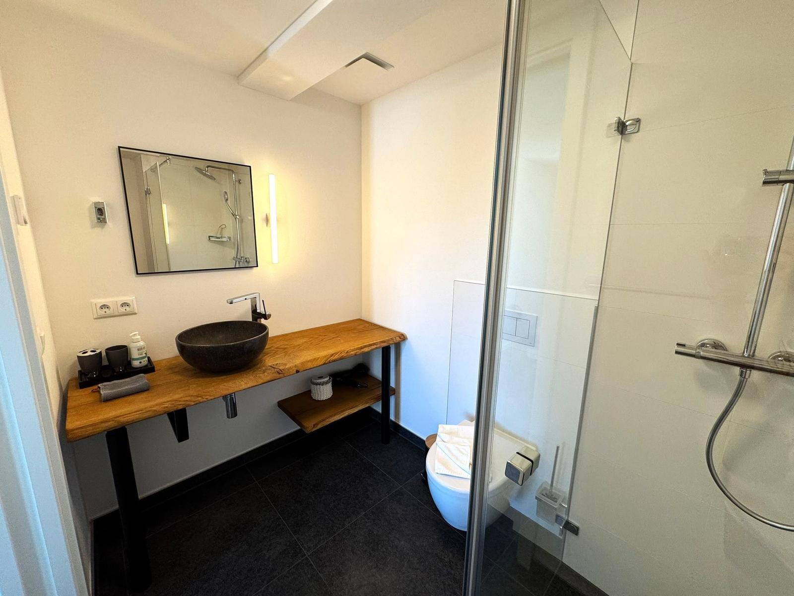 Bad mit Dusche, Waschtisch und Toilette