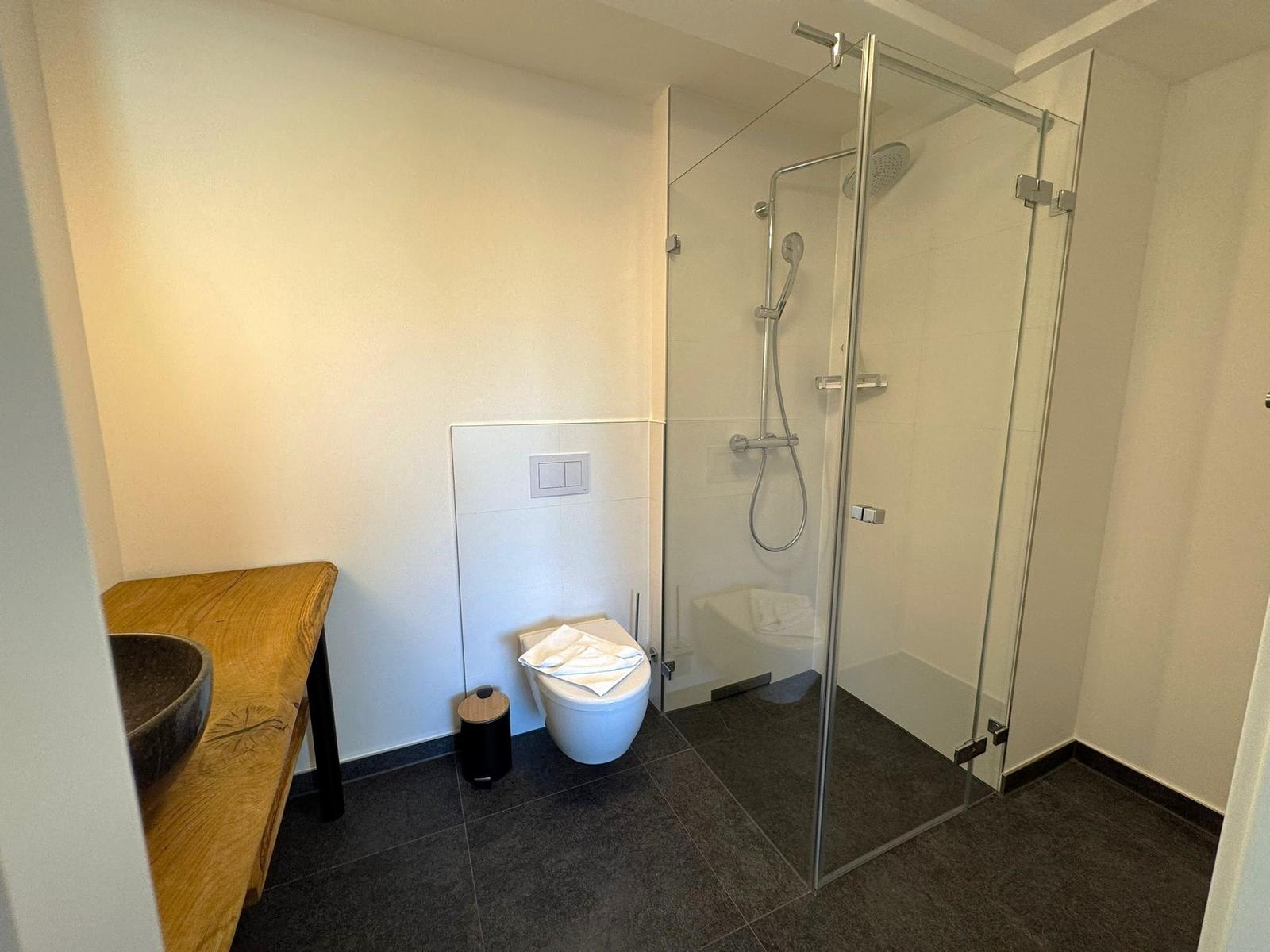 Badezimmer mit Dusche, Toilette und Holzwaschtisch.