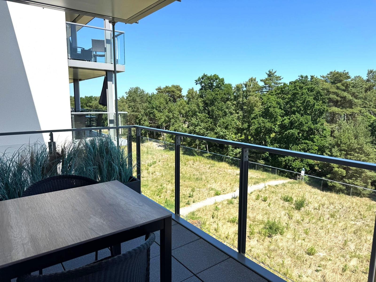 Terrasse mit Tisch und Stühlen, Blick auf Wald und Grasland.