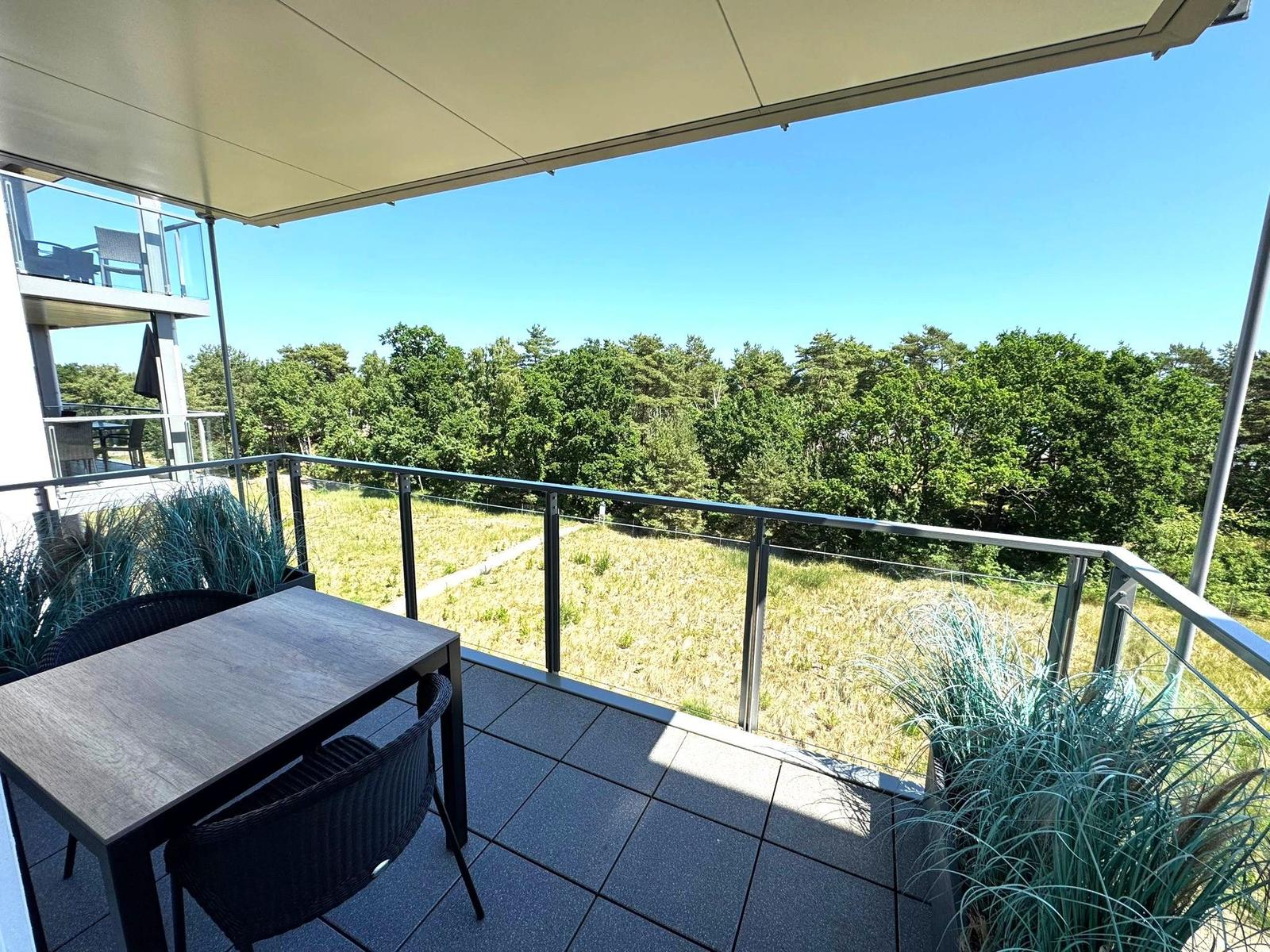 Terrasse mit Tisch und Stühlen, Blick auf Wald und Himmel
