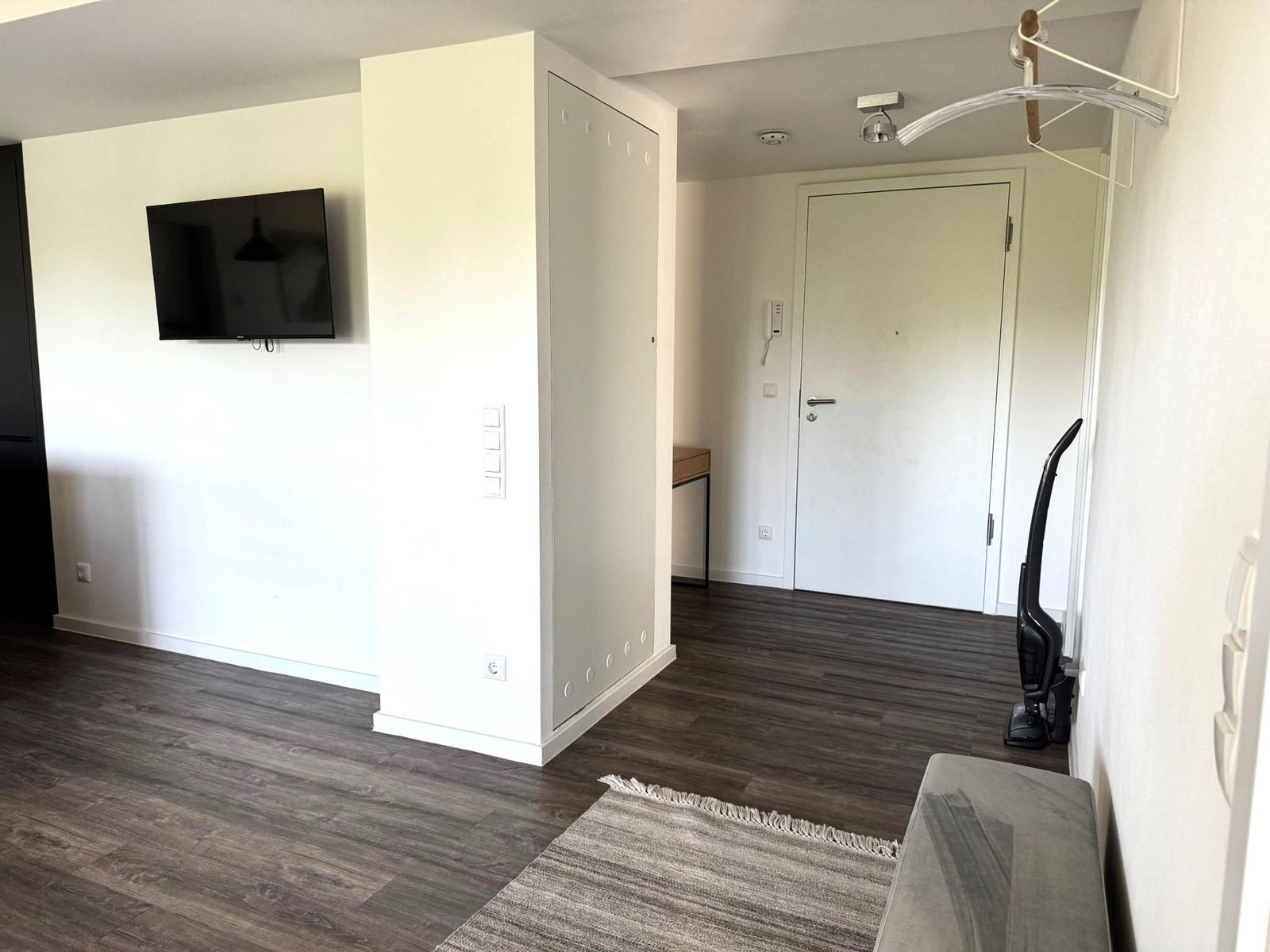Wohnraum mit Fernseher, Kleiderschrank und Teppich auf Holzdielenboden.