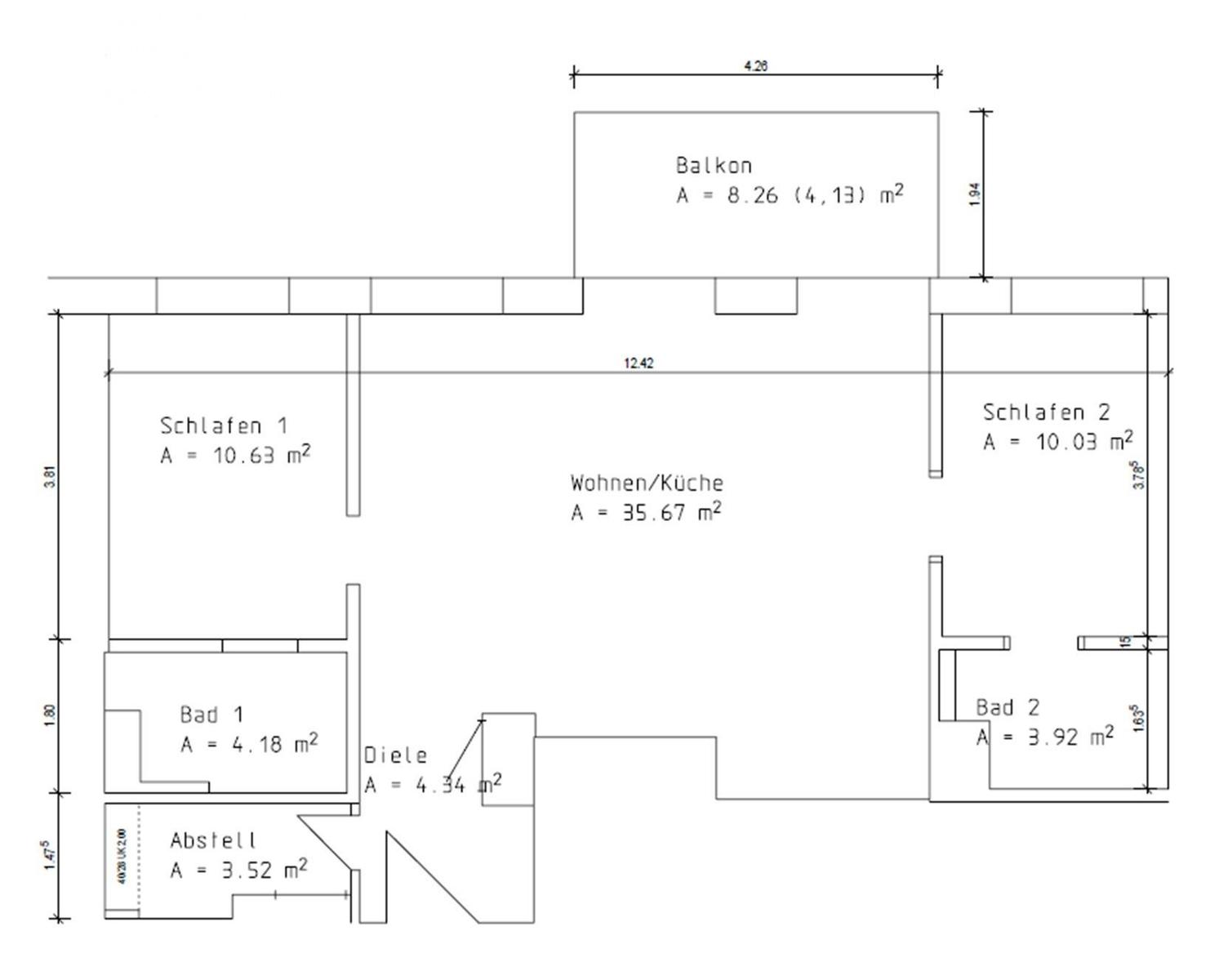 Wohnung mit zwei Schlafzimmern, Küche, Balkon und zwei Bädern. Flächenangaben sind eingezeichnet.